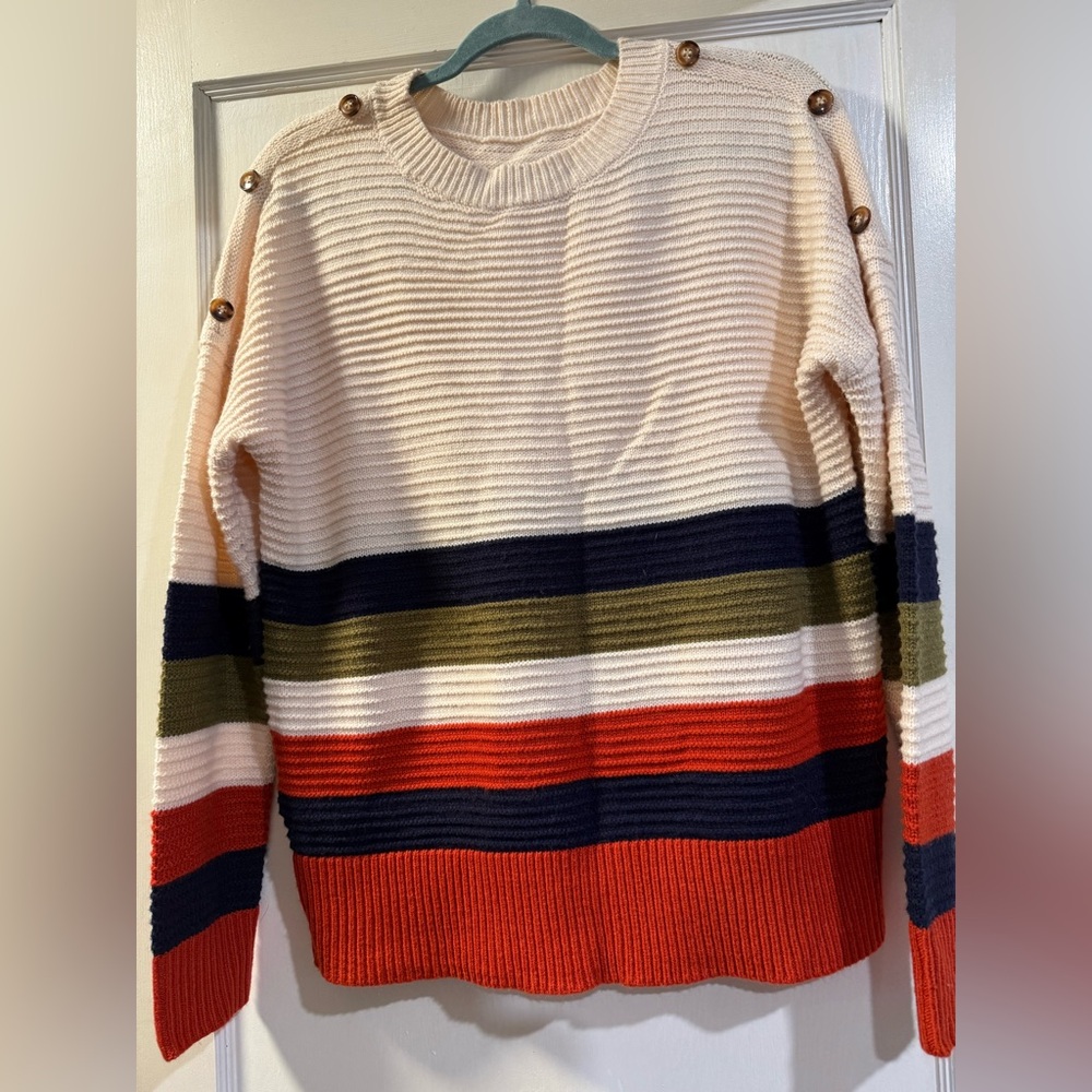 Striped Ribbed Sweater with Button Detail